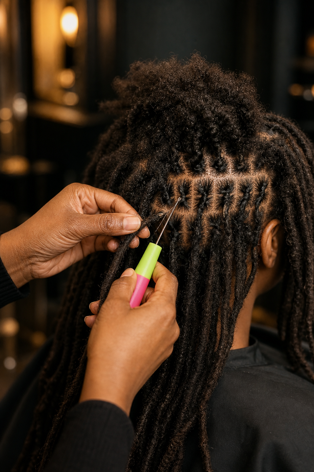 Stylist using a pink-and-green interlocking tool at a client's loc roots