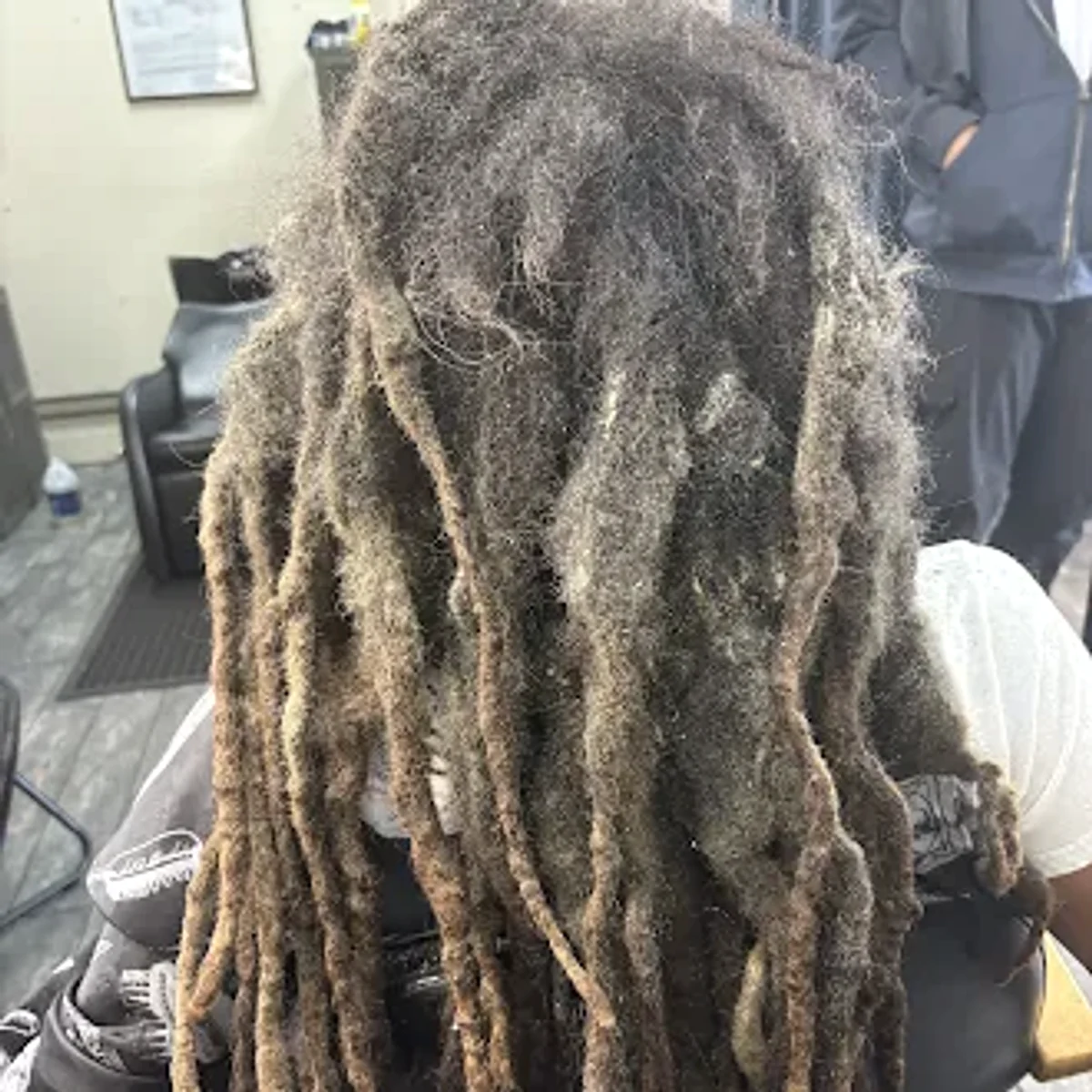Client's matted loc roots before repair and separation