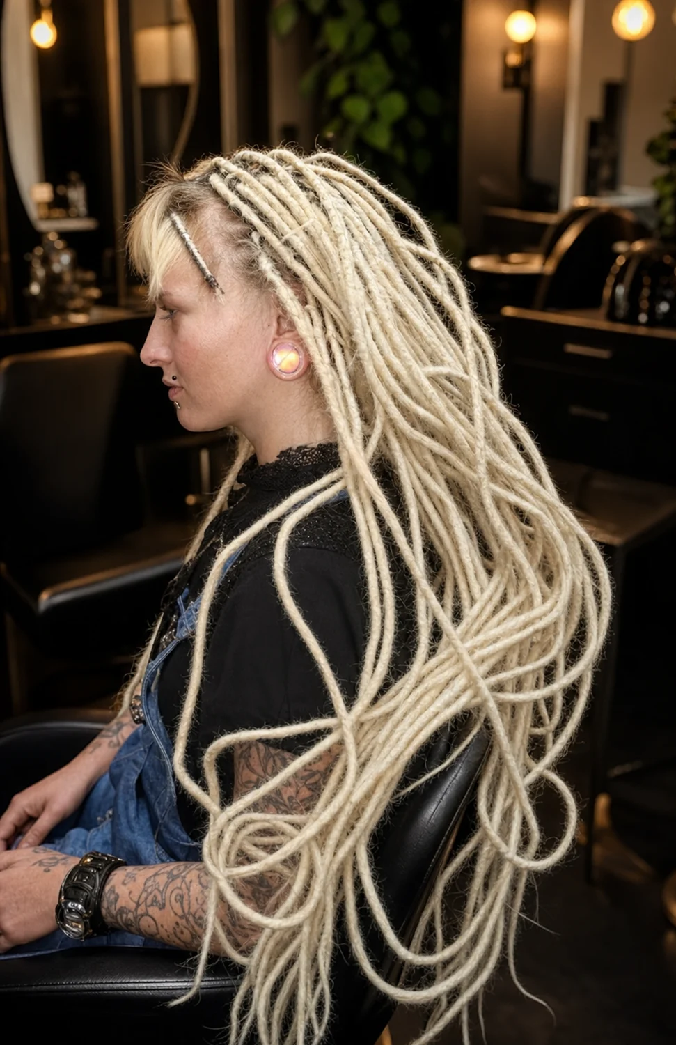Client wearing long platinum loc extensions in a warm salon setting