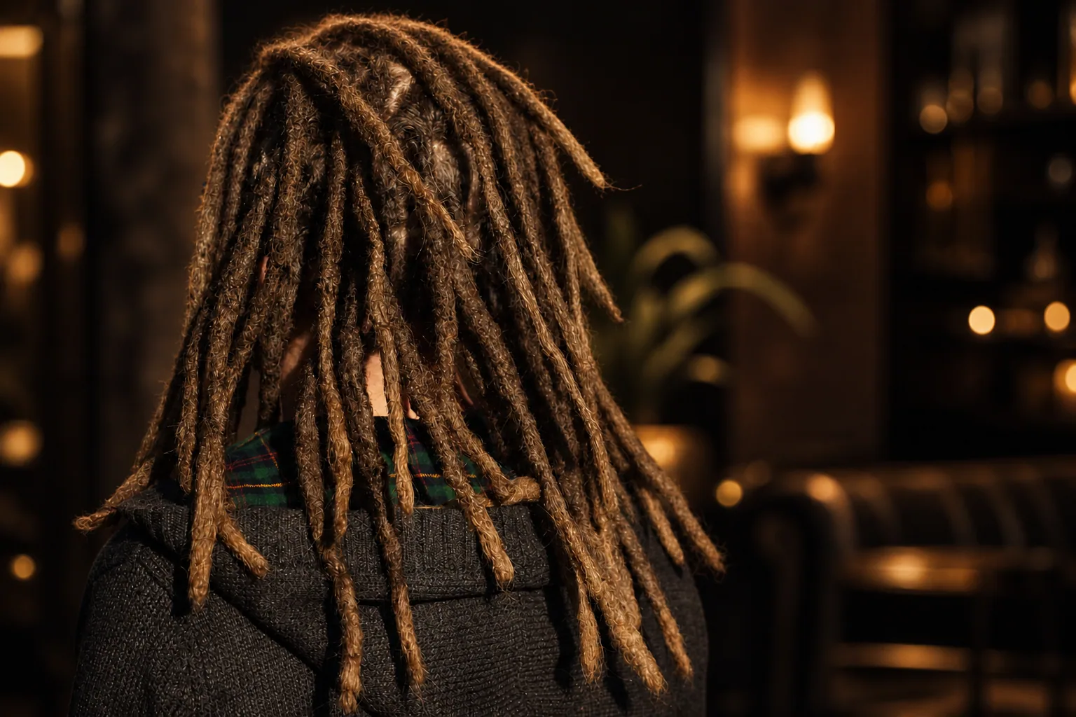 Mature long locs photographed outdoors from behind