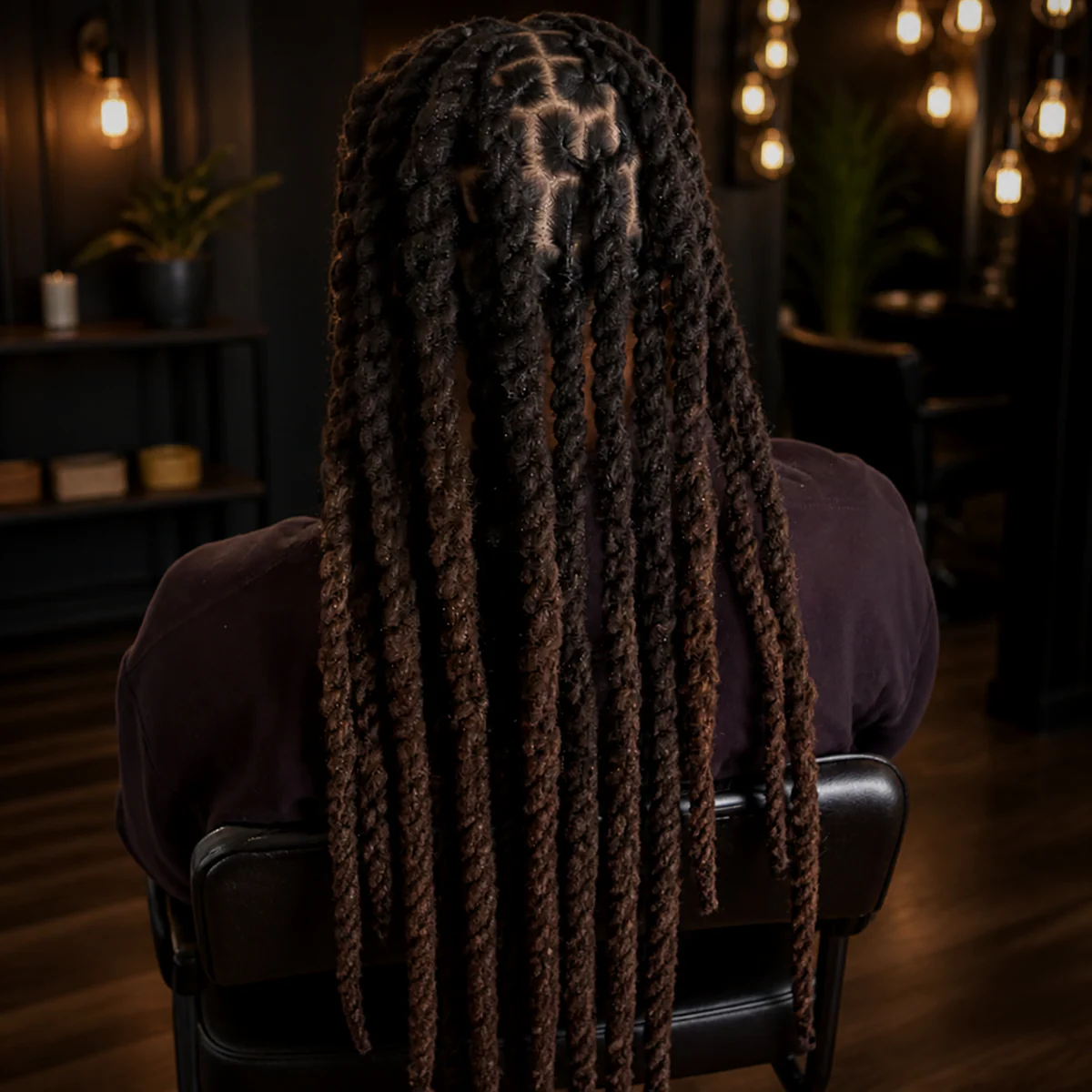 Full back view of long locs after clean root maintenance by Myllon