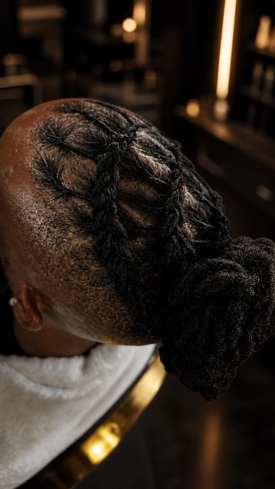 Top view of a custom loc bun and finished root pattern by Samonti